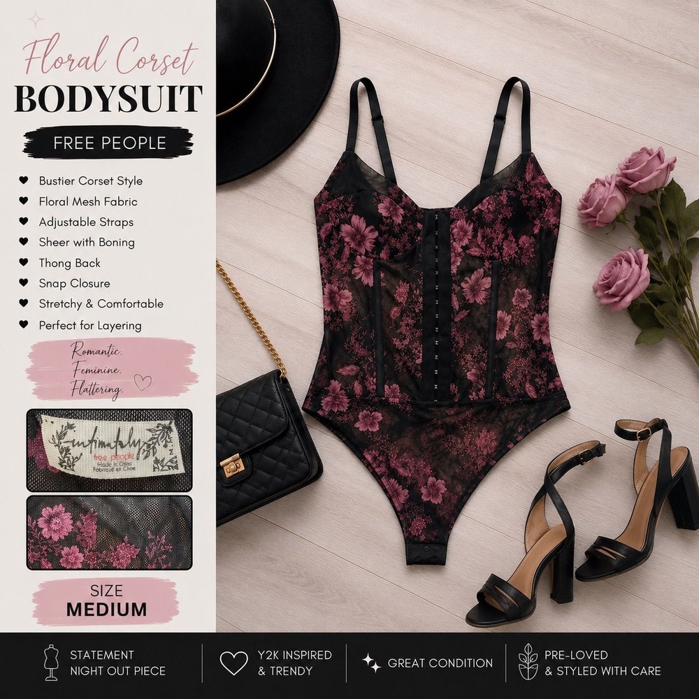 Free People Intimately Floral Corset Mesh Bodysuit | Size Medium | Pink & Black